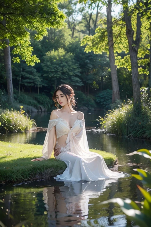 Giorgione painting style,Barbizon forest A beautiful woman in Greek dress smiles on the shore,Sweet and seductive appearance.、Caravaggio's paintings、Chiaroscuro of Caravaggio、hair tousled by the wind,Two women frolicking,cute smile, expression of ecstasy,Sexy,erotic, full body portrait