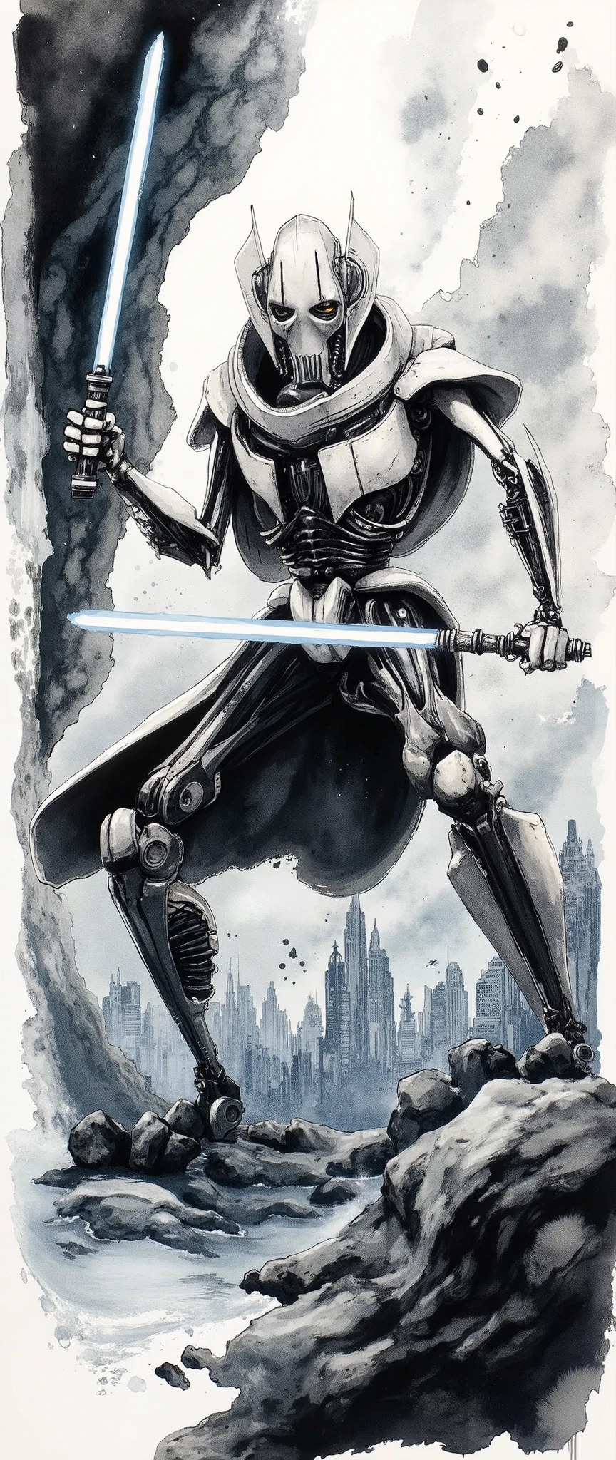 (masterpiece:1.2,EXCEPTIONAL QUALITY ,Mirror finish, Cinematic Experience, best illustration ),8k,16k,(wallpaper),( General Grievous from Star Wars ), (General Grievous 1:2.0), sharp digital painting, complex fluid , Concept work, ( Artwork:2.0, ,  Artwork:2.0, Watercolor:1.6), lightsaber,( dynamic poses in a crowded store),(4本の lightsaberを構える:2.0),,( in the background is the planet Utapau :2.0),(The background is Pow City :2.0)
