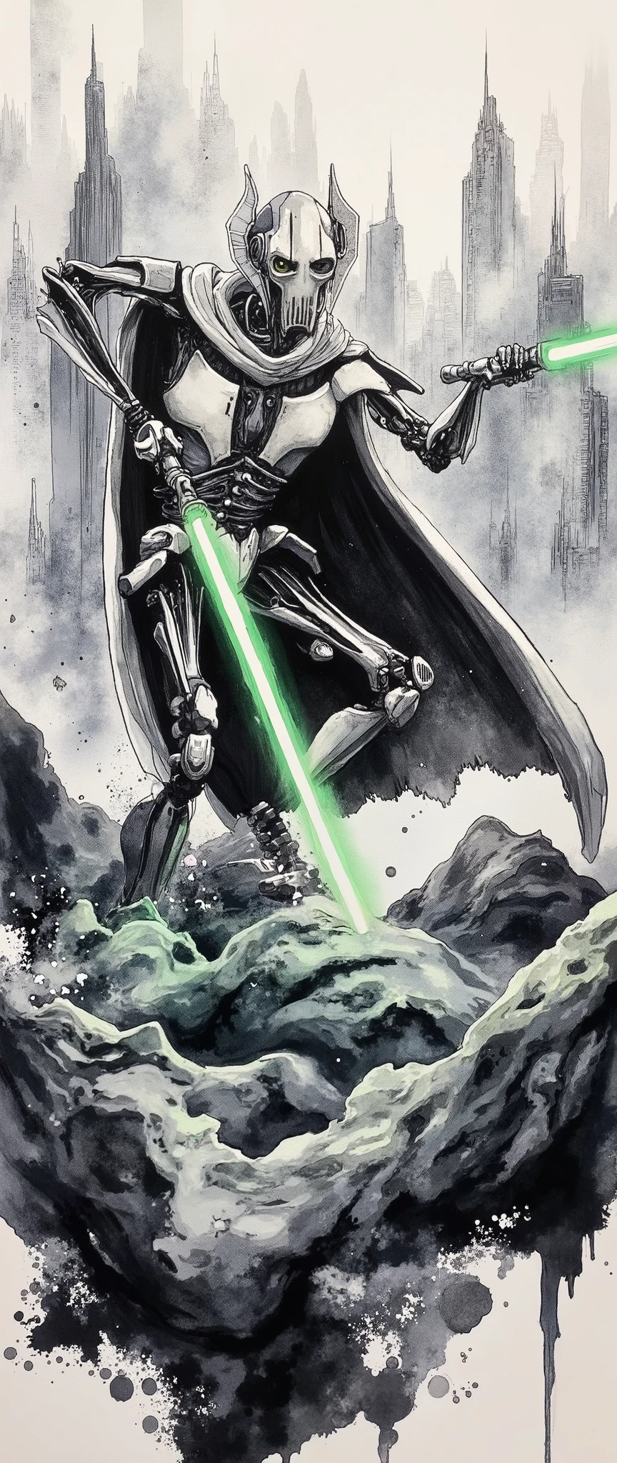 (masterpiece:1.2,EXCEPTIONAL QUALITY ,Mirror finish, Cinematic Experience, best illustration ),8k,16k,(wallpaper),( General Grievous from Star Wars ), (General Grievous 1:2.0), sharp digital painting, complex fluid , Concept work, ( Artwork:2.0, ,  Artwork:2.0, Watercolor:1.6), lightsaber,( dynamic poses in a crowded store),(4本の lightsaberを構える:2.0),,( in the background is the planet Utapau :2.0),(The background is Pow City :2.0)
