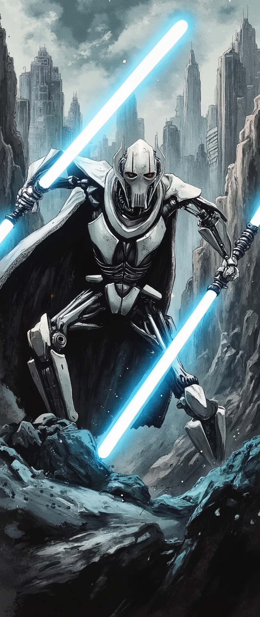 (masterpiece:1.2,EXCEPTIONAL QUALITY ,Mirror finish, Cinematic Experience, best illustration ),8k,16k,(wallpaper),General Grievous from star wars, General Grievous, sharp digital painting, complex fluid , Concept work, ( black and white:2.0, Artwork:2.0, Ink Painting:1.6), lightsaber,( dynamic swordsmanship poses:2.0),( old cloak :2.0),Splash,Bleeding,splash,( the background is the planet Wutapau :2.0),(The background is Pow City :2.0)