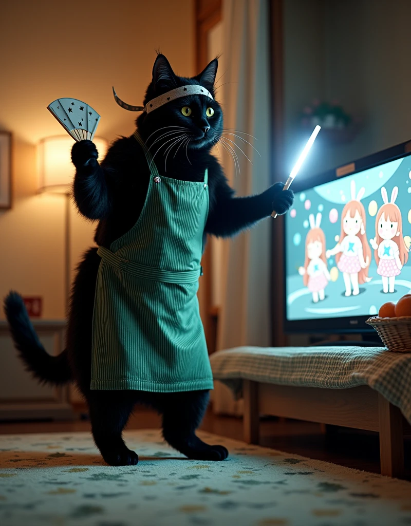 ultra-realistic, photorealistic, dramatic scene, shadow, global-illumination, the human-like giant black cat\(wearing a vertical striped green apron, black cat, dancing at the side of the low table that covered by a heavy blanket, watching TV and dancing identical to the idol on TV, raising a hand, wearing gray patterned wide Hachimaki, holding a star patterned white fan and a bright white light stick\), there is a low table fully covered with a light colored checked thick blanket on the large carpet in the stylish Japanese apartment room, a TV and shelf are in the room, the tv displays\(anime, cute anime, detailed big circle eyes, extra long curly haired, smile, 5 girls each colored extra long curly hair of pink and blue and silver and blonde and black with bunny's ears, live performance of a cute young idol singer girl wearing a pastel colored dress, bunny's ears, happy smile, cute girls, singing on stage, spot lighting, dancing, raising a hand\), stylish furnishings, mandarin oranges in the basket is on the low table, in winter,