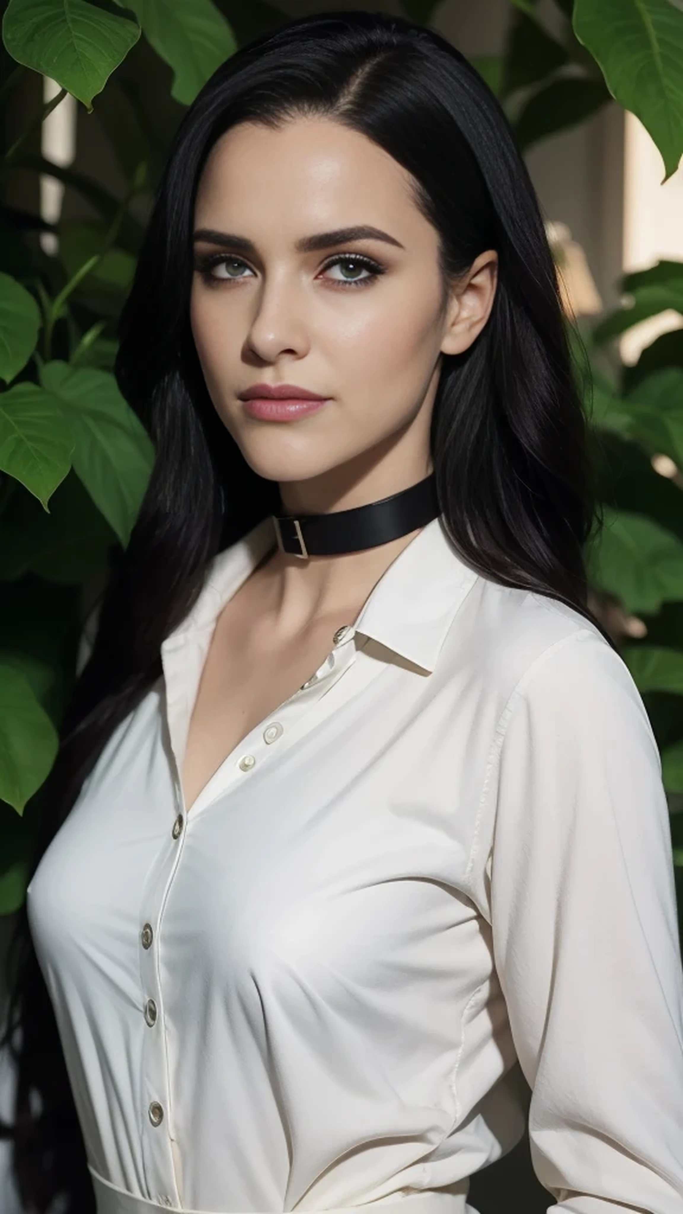 beautiful woman with medium breasts, looking at viewer, half body portrait, cinematic lighting, long black hair, sexy body, wearing white long sleeve shirt with collar, wearing black plants