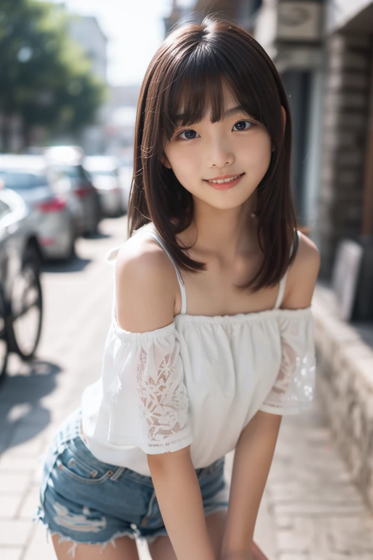 masutepiece, Best Quality, 8K, 8years old, Teen, Raw photo, absurderes, The cutest portrait in the world, Smile, Solo, (Night:1.3), Idol face, violaceaess, Delicate girl, The upper part of the body, Digital SLR, Looking at Viewer, Candid, Sophisticated,Thin arms, Professional Lighting, Film grain, chromatic abberation, (Eyes and faces with detailed:1.0) , (night dress:1.1) , (closes mouth:1.2), Good anatomy, Precise hands and fingers,
