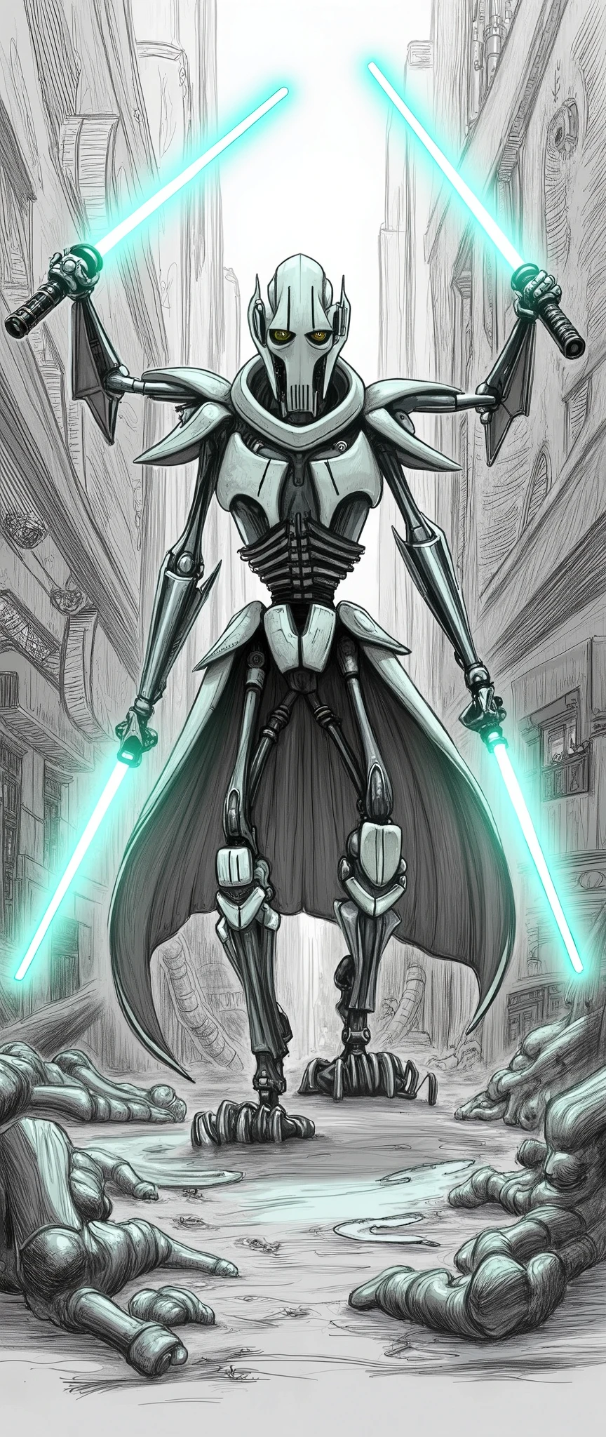 (masterpiece:1.2,EXCEPTIONAL QUALITY ,Mirror finish, Cinematic Experience, best illustration ),8k,16k,(wallpaper),General Grievous from star wars, General Grievous, sharp digital painting, complex fluid , Concept work, ( black and white:2.0,  Artwork:2.0, Pencil drawing:2.0,Rough sketch:2.0), lightsaber,( dynamic poses in a crowded store),(4本の lightsaberを構える:2.0)