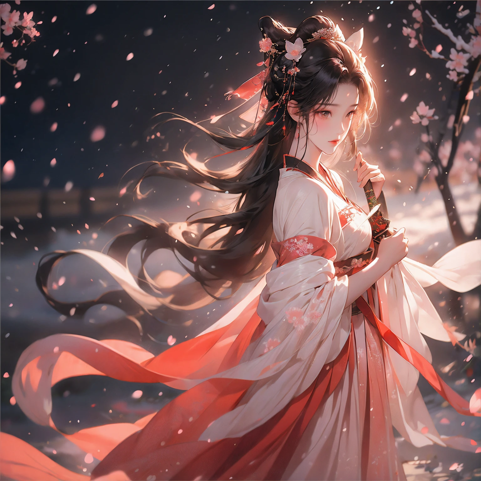 There is a woman in red dress holding a red sword, traditional Chinese red sword, wild snow scene, a girl in Hanfu, Hanfu, Chinese girl, Chinese woman, Chinese style, white Hanfu, red shawl, snowing, distant scene one A peach blossom tree, full of peach blossoms, a few villages of peach blossoms stretching down from the close-up view, a lot of peach petals floating in the air, heavy snow with goose feathers, 2 colorful butterflies flying, traditional Chinese clothing, cover photo Du&#39;s portrait Juan, portrait photo, China Princess, wearing red cheongsam, inspired by Tang Yifen, black haired goddess, beautiful brunette girl, oriental girl, master work, best picture quality, higher quality, high detail, super high resolution, 8k resolution, depth of field, Cinematography, Intricate detail, Elaborate, Meticulous, Magnificent, Maximum detail, Extreme beauty, (((1girl, solo))), 18age, Long hair, Black hair, White skin, Realistic, Masterpiece, (best picture quality), higher quality, high detail, super high resolution, panorama, exquisite facial features, perfect face, glowing skin, dreamy background, women, girls, angels, mini girls, goddesses, poets, shy, Surprise, shoulder-length hair, black hair, sharp and clear focus, three-dimensional silhouette, correct proportions, realistic portrait, face close-up, a very temperamental beautiful girl, slender figure, exquisite facial features, flowing long hair, Black hair, extremely detailed hair description, (collarbone), perfect face, clean and flawless face, long eyelashes, light pink eye shadow, shallow dimples, blush, watery big eyes crystal clear, delicate cream Glowing skin like skin, detailed skin details, CFG scale: 8,(A beautiful girl with large breasts and a wisteria flower in her hair),(she wears a white bikini and has her lips slightly parted),(her navel is visible as she stands surrounded by alraune plants), a dream-like atmosphere with vibrant colors and soft lighting, red hair, yellow detailed eyes