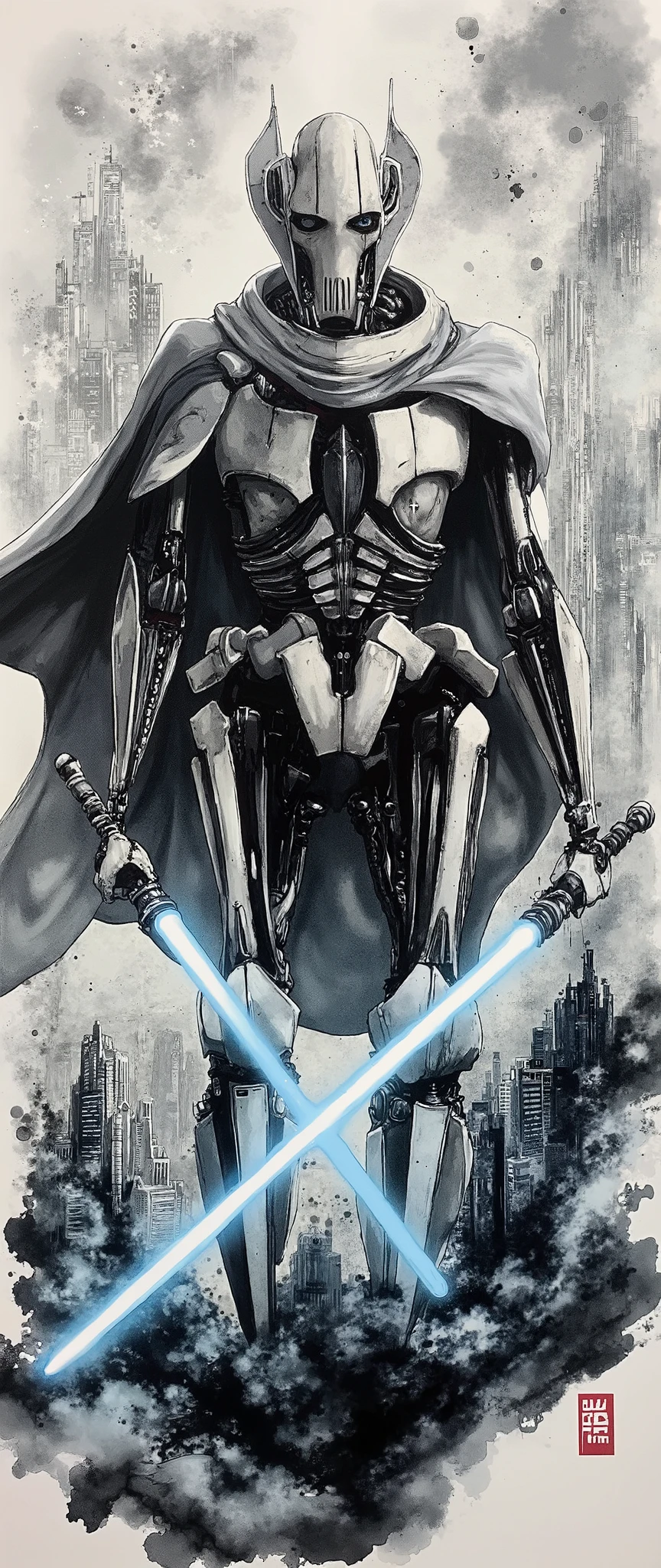 (masterpiece:1.2,EXCEPTIONAL QUALITY ,Mirror finish, Cinematic Experience, best illustration ),8k,16k,(wallpaper),( General Grievous from Star Wars ), (General Grievous 1:2.0), sharp digital painting, complex fluid , Concept work, ( Artwork:2.0, ,  Artwork:2.0, Watercolor:1.6), lightsaber,( dynamic poses in a crowded store),(4本の lightsaberを構える:2.0),,( in the background is the planet Utapau :2.0),(The background is Pow City :2.0)
