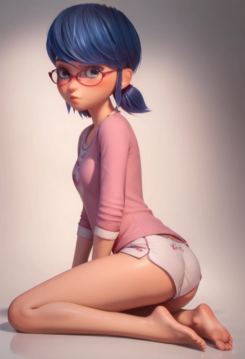 Solo, 1 girl, masterpiece, best quality, (Sadness_InsideOut , black-framed eyewear,  glasses, sadness ),   colored glowing spheres, pixar, cartoon, 3d render, sfw, nude body, ass, medium breasts, spread ass, anus, blue skin, midget, short blue hair, looking on viewer 