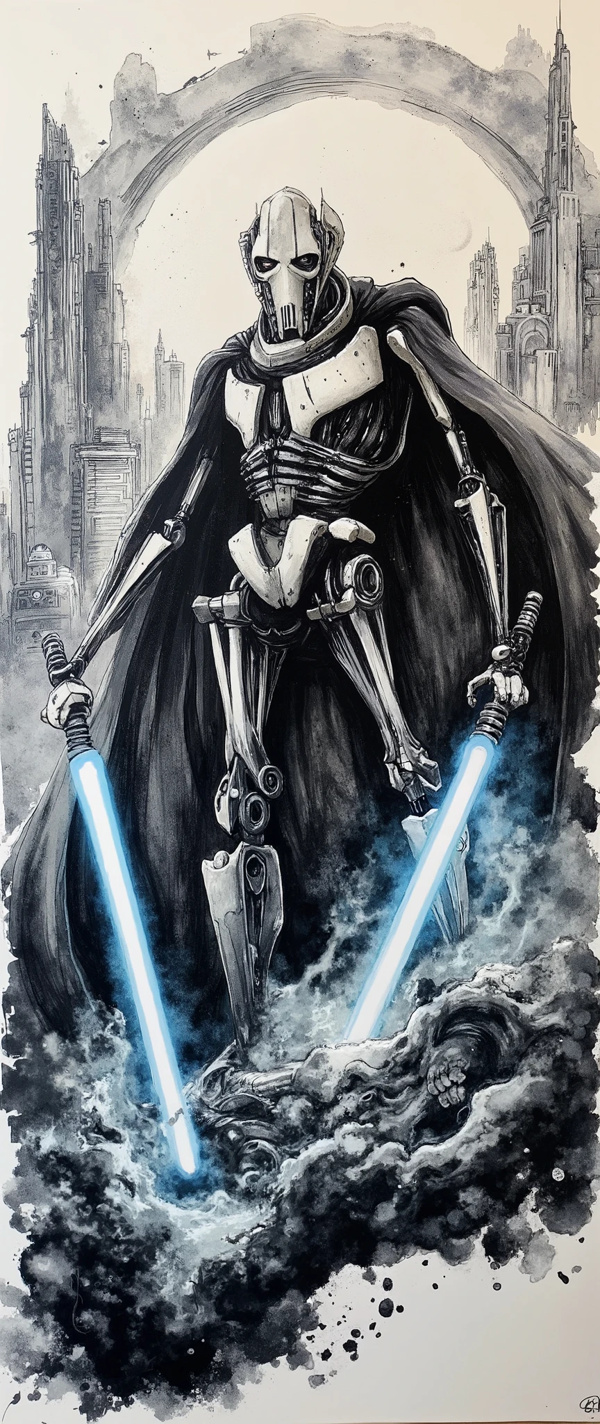 (masterpiece:1.2,EXCEPTIONAL QUALITY ,Mirror finish, Cinematic Experience, best illustration ),8k,16k,(wallpaper),( General Grievous from Star Wars ), (General Grievous 1:2.0), sharp digital painting, complex fluid , Concept work, ( Artwork:2.0, ,  Artwork:2.0, Watercolor:1.6), lightsaber,( dynamic poses in a crowded store),(4本の lightsaberを構える:2.0),,( in the background is the planet Utapau :2.0),(The background is Pow City :2.0)
