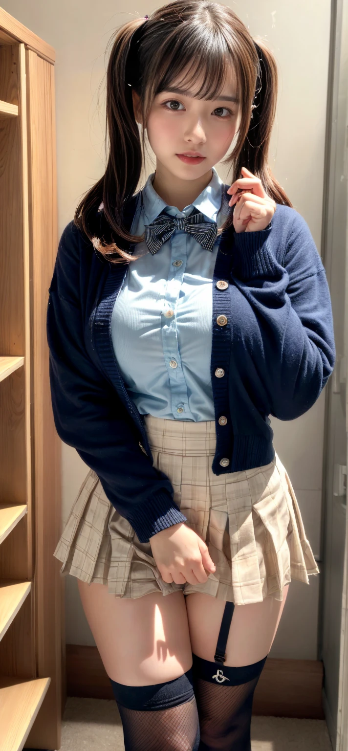 masterpiece, best quality, illustration, Super detailed, fine details, High resolution, 8K,wall paper, perfect dynamic composition,(Details High quality, realistic depiction of eyes:1.3), High School Classroom、High school girl uniform、Cardigan、Super Short Check Uniform Skirt、Navy blue high socks、garterbelts、Colossal tits、Disturbed uniform、short bob hair, black hair color, Big Natural Color Lip, bold sexy pose, (perfect body shape), crying a little、Harajuku style、20 year old girl、cute type, beautiful legs, hposing Gravure Idol, Voluptuous thighs