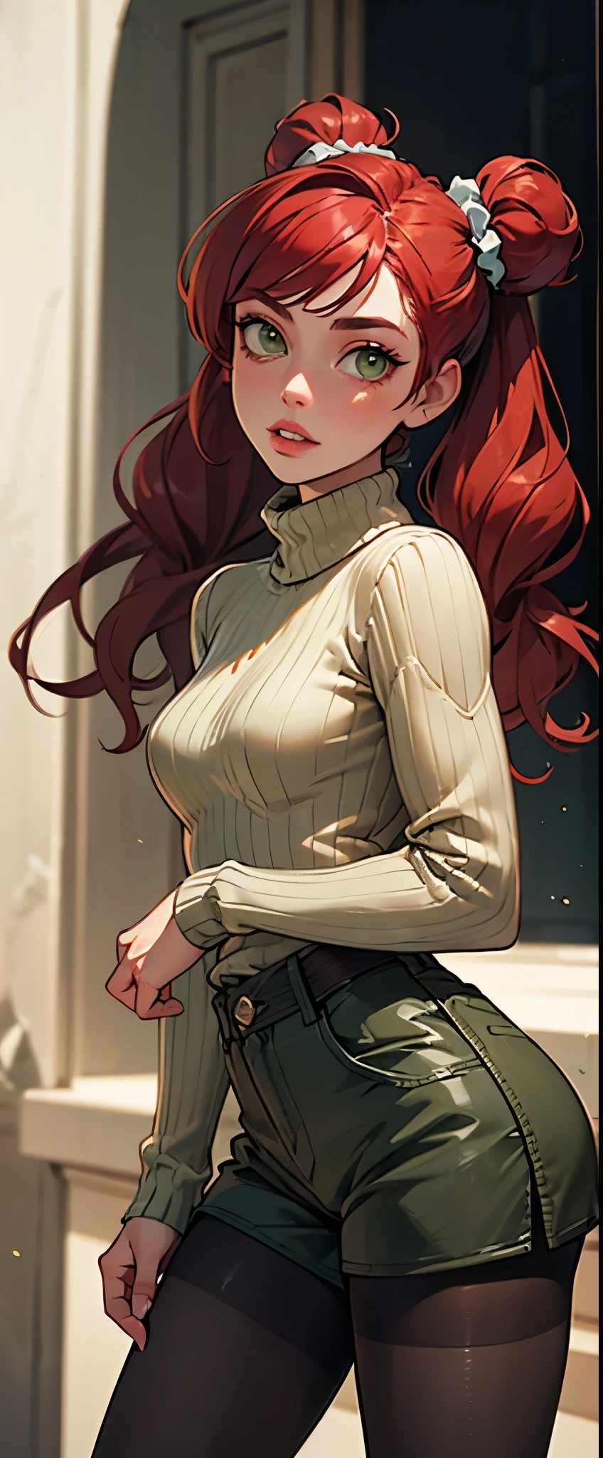 masterpiece, best quality, 1girl, solo, redhair, twintails, very long hair, yellow eyes, hair scrunchie, looking at viewer, lips, parted lips, cowboy shot, pantyhose, short shorts, turtleneck, ribbed sweater,