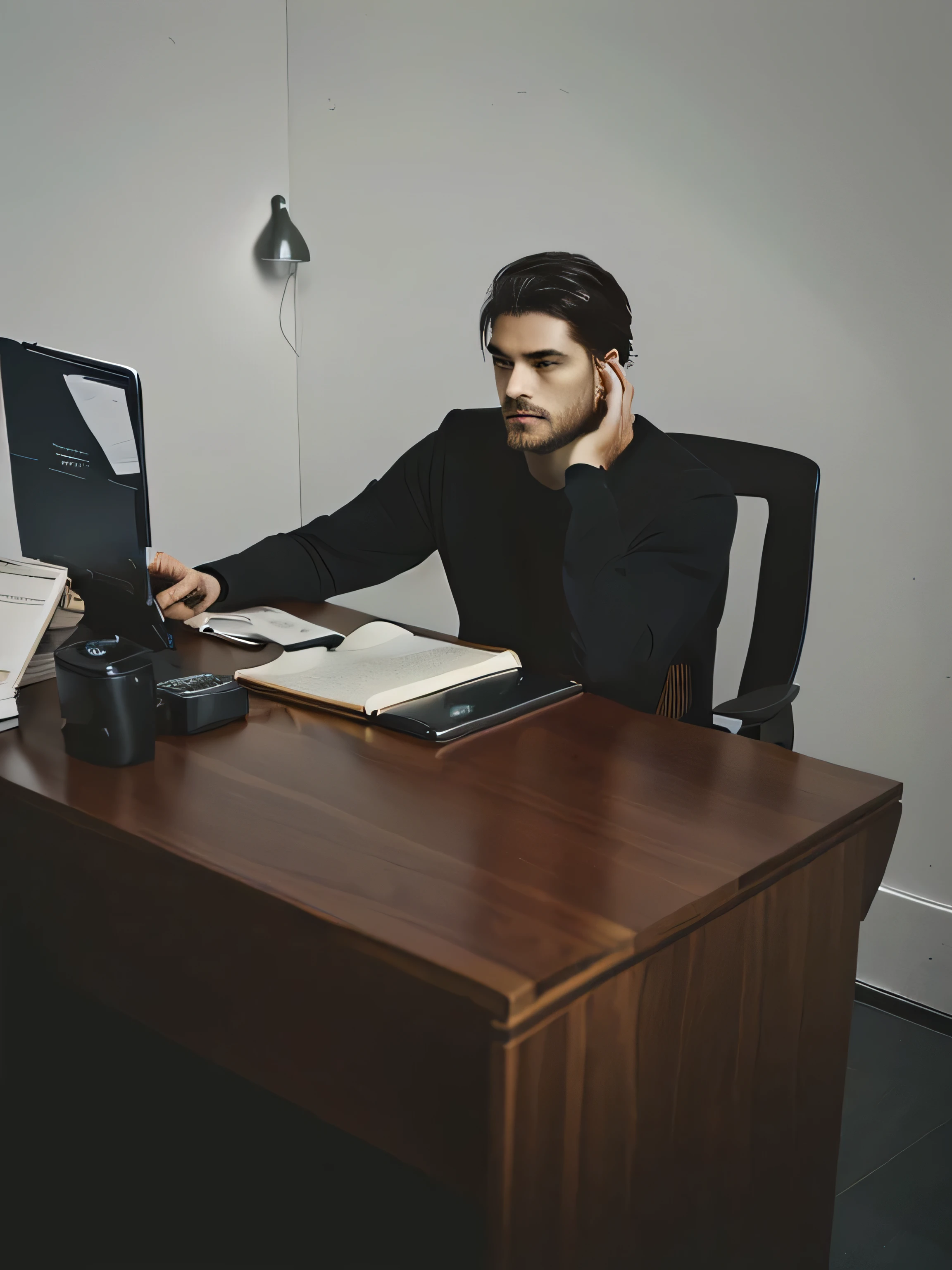 A man sitting at a table，Holding a notebook and a mobile phone,Sitting in the office, photography，Sense of Space，Texture