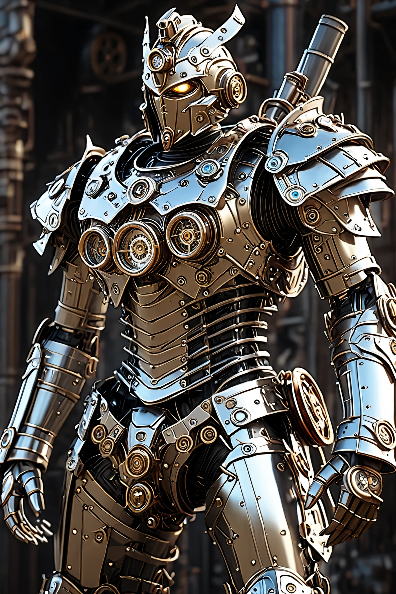  mechanical gladiator,whole body, steampunk metal material  ,Detailed Gear,    Sparkling Eyes    ,Glossy surface,   mechanical movement  ,   realistic なデザイン,(  top quality,     high definition   ),(   realistic  :1.37),(     high definition   ),( industry ,  steampunk),(   cool tone   ),    SOFT AMBIENT    