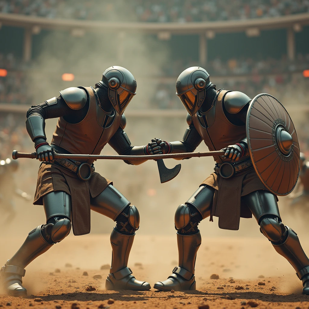 Live-action photo 8K quality, realistic, sophisticated design, advanced lighting technology, artwork, theme is "Robot Gladiator", chrome-colored robot gladiators are fighting with tomahawks and round shields, opponents are black iron-colored evil-looking robot gladiators, robot gladiators are wearing brown leather armor, powerful battle scene with dust flying