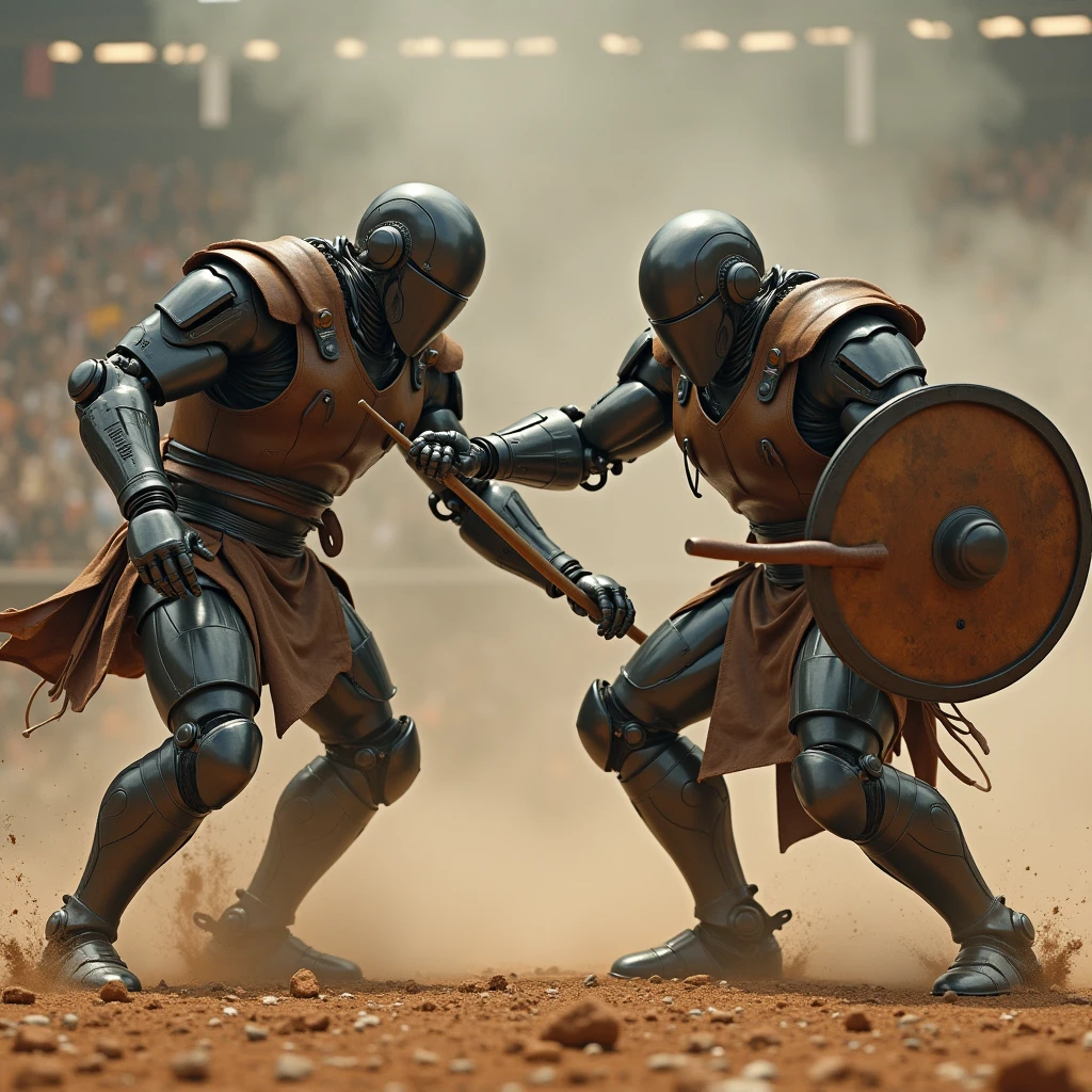 Live-action photo 8K quality, realistic, sophisticated design, advanced lighting technology, artwork, theme is "Robot Gladiator", chrome-colored robot gladiators are fighting with tomahawks and round shields, opponents are black iron-colored evil-looking robot gladiators, robot gladiators are wearing brown leather armor, powerful battle scene with dust flying