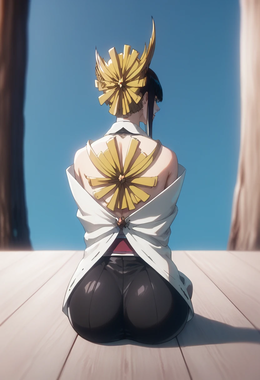 Seniumaru, young woman, small waist, perfect anatomy,large breast,round ass, anime, chill look, sitting, view from behind sexy pose 