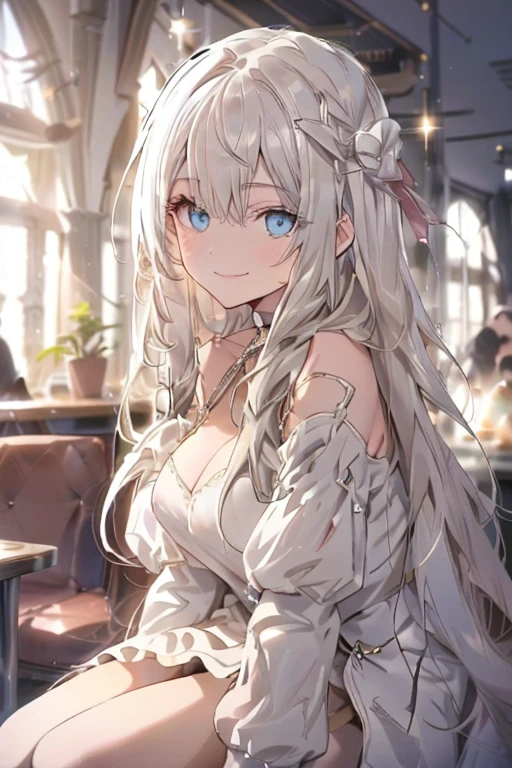 (from below:1.2),((1girl, silver hair, long hair, qutel blue eyes, beautiful eyes, pretty smile:1.5, ), ( off-shoulder dress, sweater dress), ray tracing, vibrant colors, girl, masterpiece, sharp focus, best quality, depth of field, cinematic lighting, detailed outfit, 4k, perfect eyes, rich in details and textures, white hair, very long hair, golden eyes, hair between eyes, colored inner hair, bright smile, knitted loose, loose clothes, long sweater, black legwear, sitting on grass, under tree, sunlight, light rays, god rays, looking up, smiling, bare shoulders, leggings,(beautifull detailed face), (perky chest:1.2), (pointed chest:1.1), (morning cafe magazine cover:1.3),(with sparkling eyes and a contagious smile),her thin pubic hair:1.2, looking at viewer