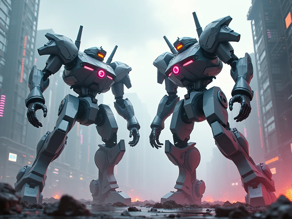 Two mecha robots fighting each other in a cyberpunk environment, surreal, ethereal, soft color on the background, striking colours on the foreground