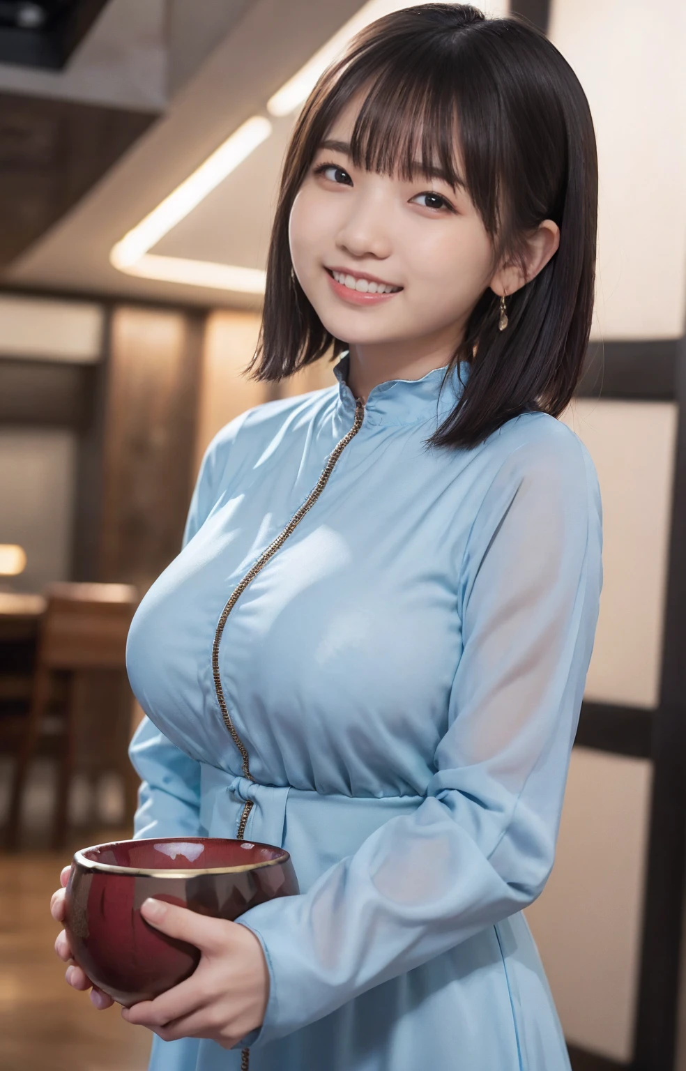 heavy make-up,(8k, RAW Photos,Highest quality, High resolution:1.1), (bowl cut hair:1.4),(Realistic:1.4), Realistic Face,Realistic Body,Realistic Skin,masterpiece,(cute:1.8), cute子たち, Fine black eyes,Innocent eyes,Cinema Lighting,Film Grain,jewelry,Earrings,((Medium Hair:1.1)),Cherry colored lips,Hair Ribbon,ponytail,Viewer,Long Hair,,Open your lips,Upper teeth, (Smiling Eyes:0.6),((Grin:1.3)),((Big Breasts:1.2)),Blurred Background, Eye focus , Bokeh,young, 85mm lens,young,Portraiture,Photon Mapping,Radio City,Physically Based Rendering,Asian,(Maxi dress:1.3))