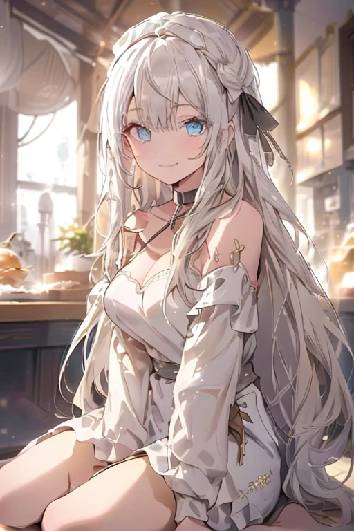 (from below:1.2),((1girl, silver hair, long hair, qutel blue eyes, beautiful eyes, pretty smile:1.5, ), ( off-shoulder dress, sweater dress), ray tracing, vibrant colors, girl, masterpiece, sharp focus, best quality, depth of field, cinematic lighting, detailed outfit, 4k, perfect eyes, rich in details and textures, white hair, very long hair, golden eyes, hair between eyes, colored inner hair, bright smile, knitted loose, loose clothes, long sweater, black legwear, sitting on grass, under tree, sunlight, light rays, god rays, looking up, smiling, bare shoulders, leggings,(beautifull detailed face), (perky chest:1.2), (pointed chest:1.1), (morning cafe magazine cover:1.3),(with sparkling eyes and a contagious smile),her thin pubic hair:1.2, looking at viewer