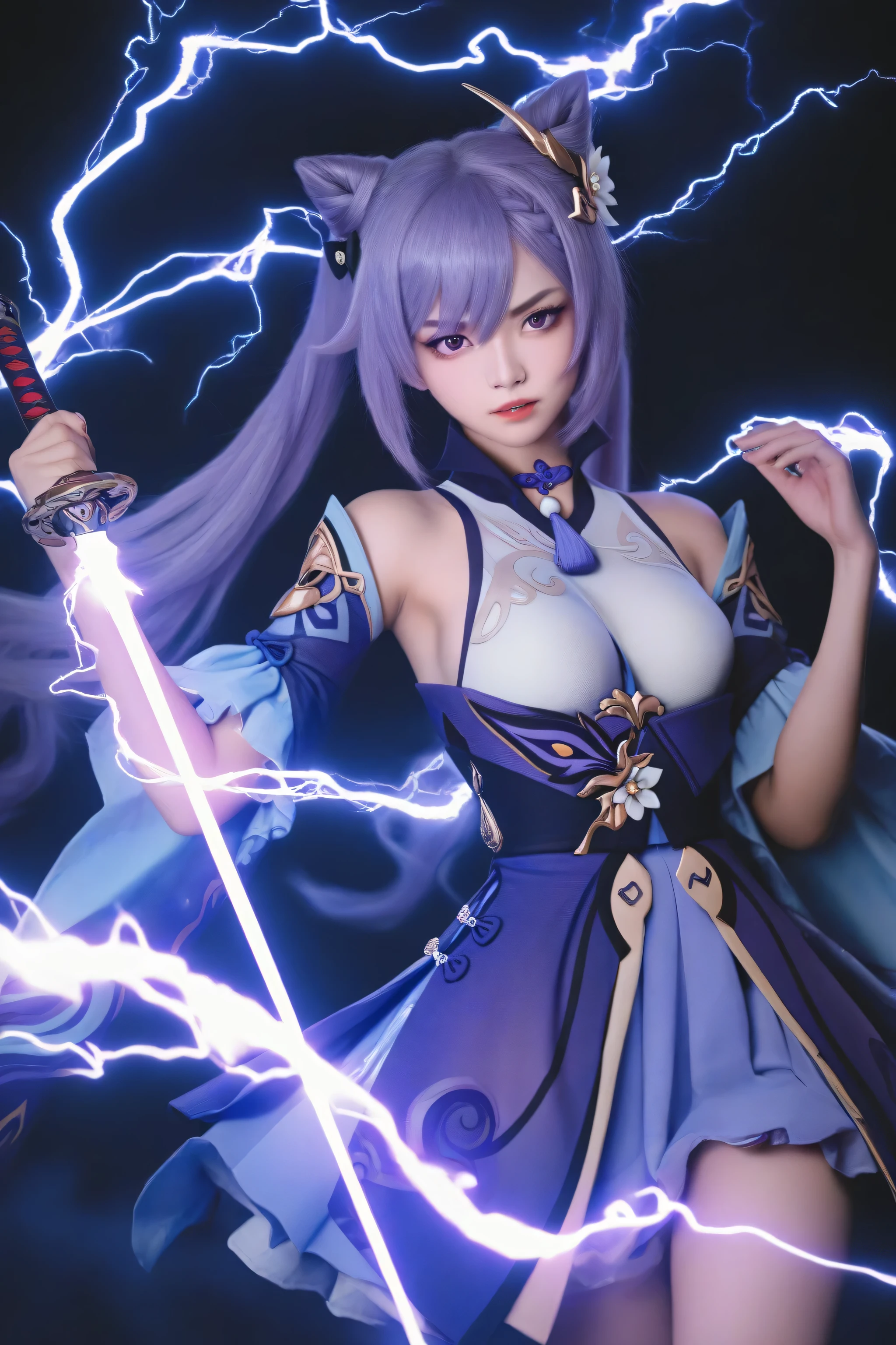 cowboy shot, 1girl,keqing \(genshin impact\),holding sword,between breasts, head tilt,serious,hand up,looking at viewer,parted lips,wind,dark background,electricity,sparks, masterpiece,best quality,amazing quality,