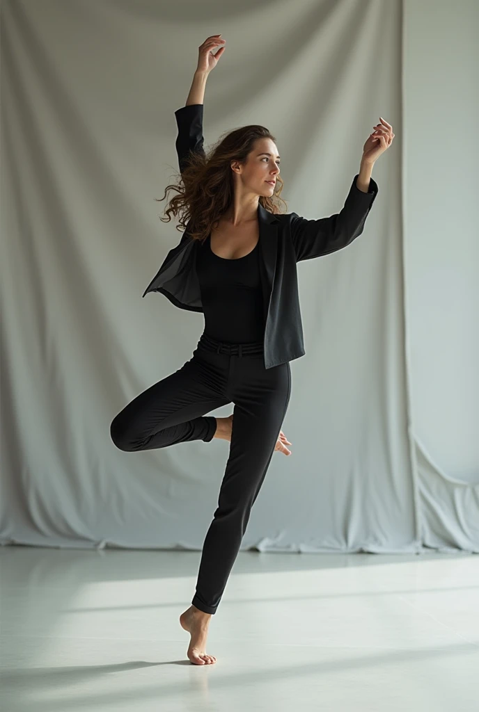 contemporary dance dancer, ballet and jazz, a disciplinary art, with PNG background, The woman has a light brown complexion, stomach 1.72, long limbs, nose a little big, medium lips, almond-shaped brown eyes, short hair above the shoulders and wavy, with very comfortable contemporary clothing and it is not animated it is real
