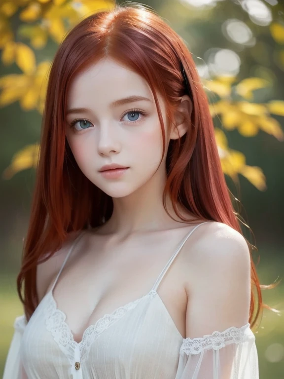 young girl,  redhead,  cinematic, The portrait showcases a young (redhead girl:1.6) with a shy and innocent demeanor,  blueish eyes,  sensual slim face,    big lips,  naked,  BIG TITS and shorts,  Her hair is styled sleek and straight,  elegantly framing her face with  adorable long hairl .Her face is illuminated by gentle lighting,  highlighting her delicate features. The girl's eyes sparkle with a hint of curiosity and her lips form a subtle,  shy smile. The background consists of a ourtoor nature autum scenery muted and warm-toned setting,  providing a calm and serene atmosphere. The composition focuses on the girl's face,  capturing the intricate details of her flawless skin,  The overall image exudes a sense of tranquility and captures the innocence and gentleness of youth, redhair, redhead,