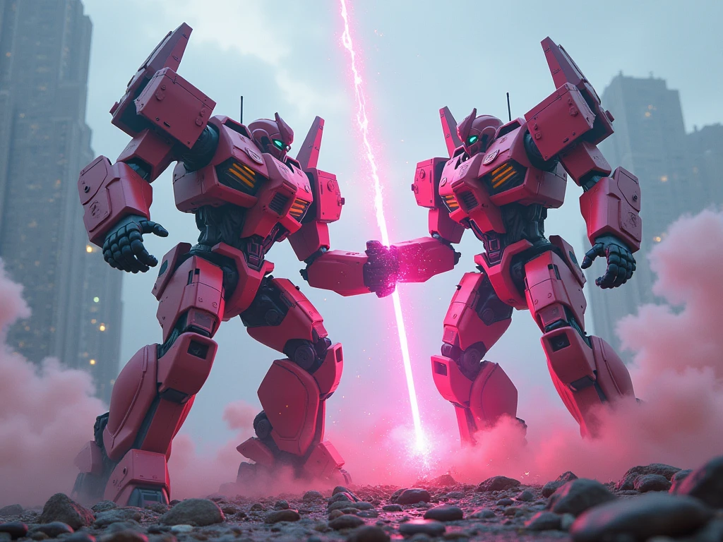 Two mecha robots fighting each other in a cyberpunk environment, surreal, ethereal, soft color on the background, striking colours on the foreground