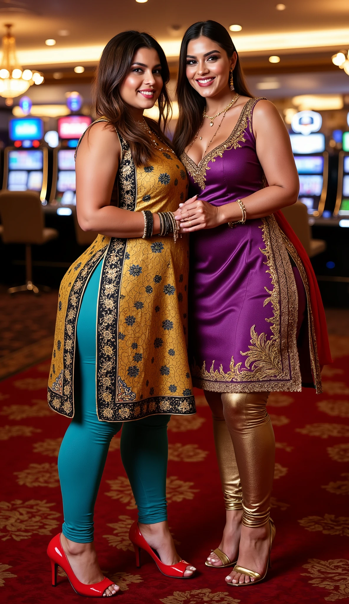 I am 40 year old plus size tall and big giant indian muslim women, looking like indian actress hansika motwani, wearing a gold and black boarded sleeveless kurti and shining reflective glossy cyan ankle length leggings and red hijab,white-skin,white skin tone, beautiful face, red lips, clean skin, celebrity face, thick leggs, round ass,bulging ass,huge breast, i am hugging another 40 plus size tall and big giant indian wife, looking like indian actress anushka shetty, wearing shining reflective glossy bronze ankle length leggings and purple golden boarded sleeveless kurti, white skin tone, beautiful face, red lips, clean skin, celebrity face, thick leggs, round ass,bulging ass,huge breast,all indian ornaments like ,gold chain,gold necklace,gold ear ring with chain connect with nose ,nose stud ,auspicious thread in Necklace, Armlet, bangles,red sindur on head,women standing looking the viewer,both women have huge bulging assand wide hips,smiling happy face,red and gold mix stileto heels,looking straight to camera, realistic photo, looking straight to camera,full body image,wide angle shot in camera, realistic photo,a quarter back side view of women,in a casino at las vegas,
