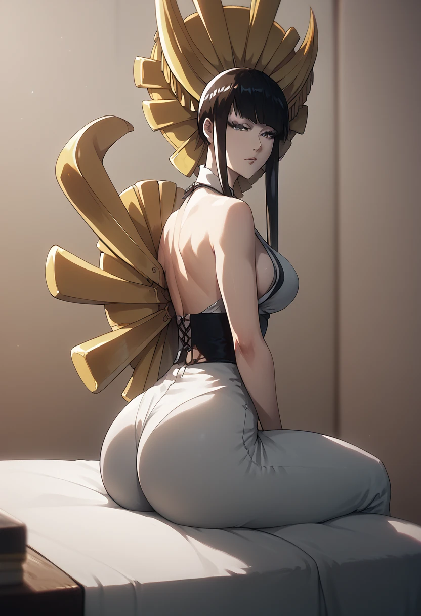 Seniumaru, young woman, small waist, perfect anatomy,large breast,round ass, anime, chill look, sitting, view from from front, sexy pose , looking at viewer,