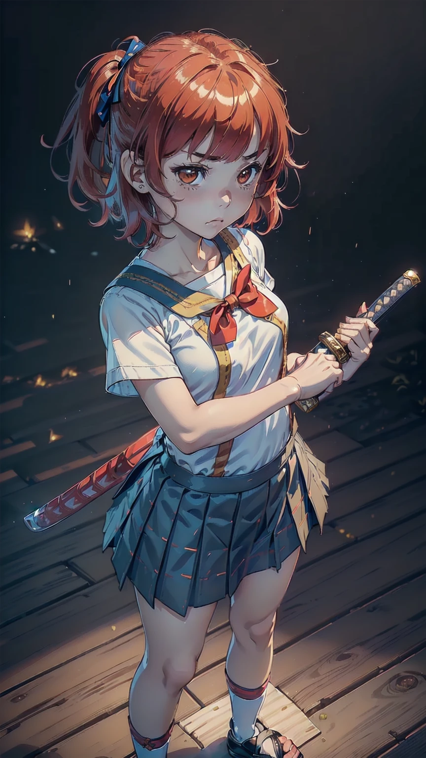 ((top quality, ultra-detailed, high resolution, extremely detailed CG, unity 8k wallpaper, by famous artist, perfect anatomy, super detailed skin, cinematic lighting, UHD, retina, anatomically correct, 1080P)), ((Please draw a single one young girl wielding a katana, standing, sad face, scared, tender, humble, good girl look, with no background:1.3)), ((hidari gedan no kamae stance:1.5)), ((1girl)), ((a :1.5)), ((cute petit girl, chibi, babyface:1.5)) androgynous charm, ((Medium hair)), ((full red hair)), ((redhead)), ((pigtails)), ((straight bangs)), with a bow in her hair, ((very thin legs)), ((skinny legs, thin body, small build)), full limbs, complete fingers, ((perfect fingers and hands)), flat chest, small breasts, small butt, groin, Beautiful detailed full yellow gold eyes, perfect eyes, sailor school uniform, ((blue skirt)) and white blouse, ((red bow on the blouse)), blue sailor collar, short sleeves, stockings, socks outlined with black stripe, shoes, ((Detailed Lighting)), ((Without background)), full body view, ((standing)), legs, cute, kawaii single girl (one girl), full body shot, front body, ((little young body:1.5)), ((A natural, correctly proportioned hands)), ((Straight bangs cut just to the eyebrows, perfectly aligned and not moving to the side:1.3)), ((perfect natural fingers and hands)), ((The katana appears complete in the photo)), ((perfectly well made katana)), ((long katana)), ((front body view:1.5)), 