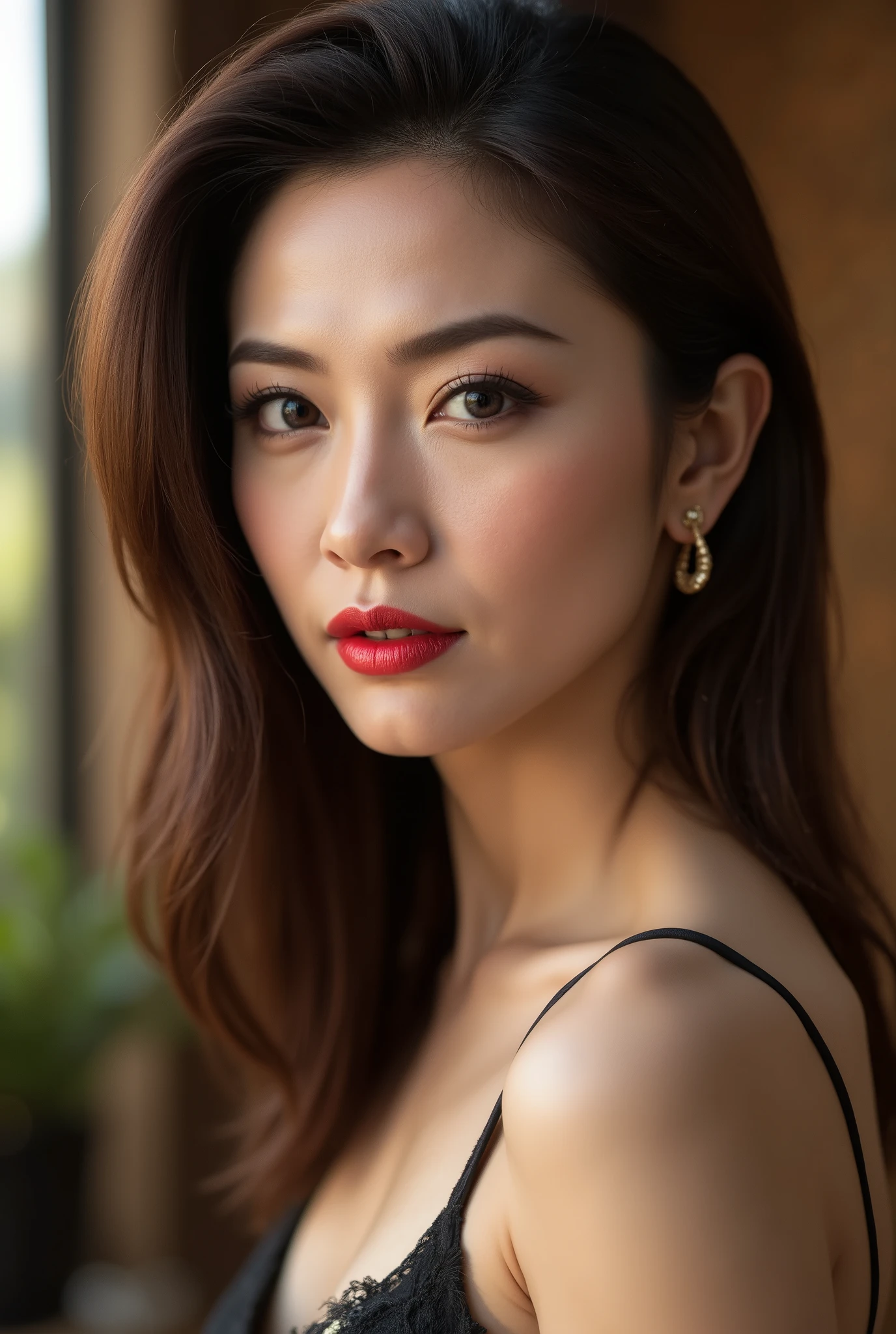 Chinese Woman,  40 years old ( Cat eye style that emphasizes the outer corner of the eye : 1.5), 
 flashy makeup,  Sophisticated adult beauty ,  DARK EYELINER  (1.5),  Slim and elegant body  (1.4), 
Eyes:  Gloss Add a feeling {x} Hairstyle is a gorgeous set with volume {x} dark brown and gold gradation eyeshadow,  Bright deep brown hair color , 
mouth:  bright red lipstick  (1.5), Add gloss , 
 skin texture:  Flashy and gorgeous look ,  Atmosphere with mature beauty and glamor  (1.4), 
 Wavy Hair ,  Mascara that accentuates long lashes ,  Gloss using highlights all over the face  (1.4), 
 sharp focus ,  High Details,  super high res (1.4), 
Facial Features:  Seductive and powerful look ,  Seductive and powerful expression , 
Physical characteristics:  Smooth and matte finish ,  charming pose, 
Realistic and Realistic  (1.4),  surreal (1.2), masterpiece,  top quality , 
 depth of field ,  Physically Based Rendering ,  Vivid and striking colors 。