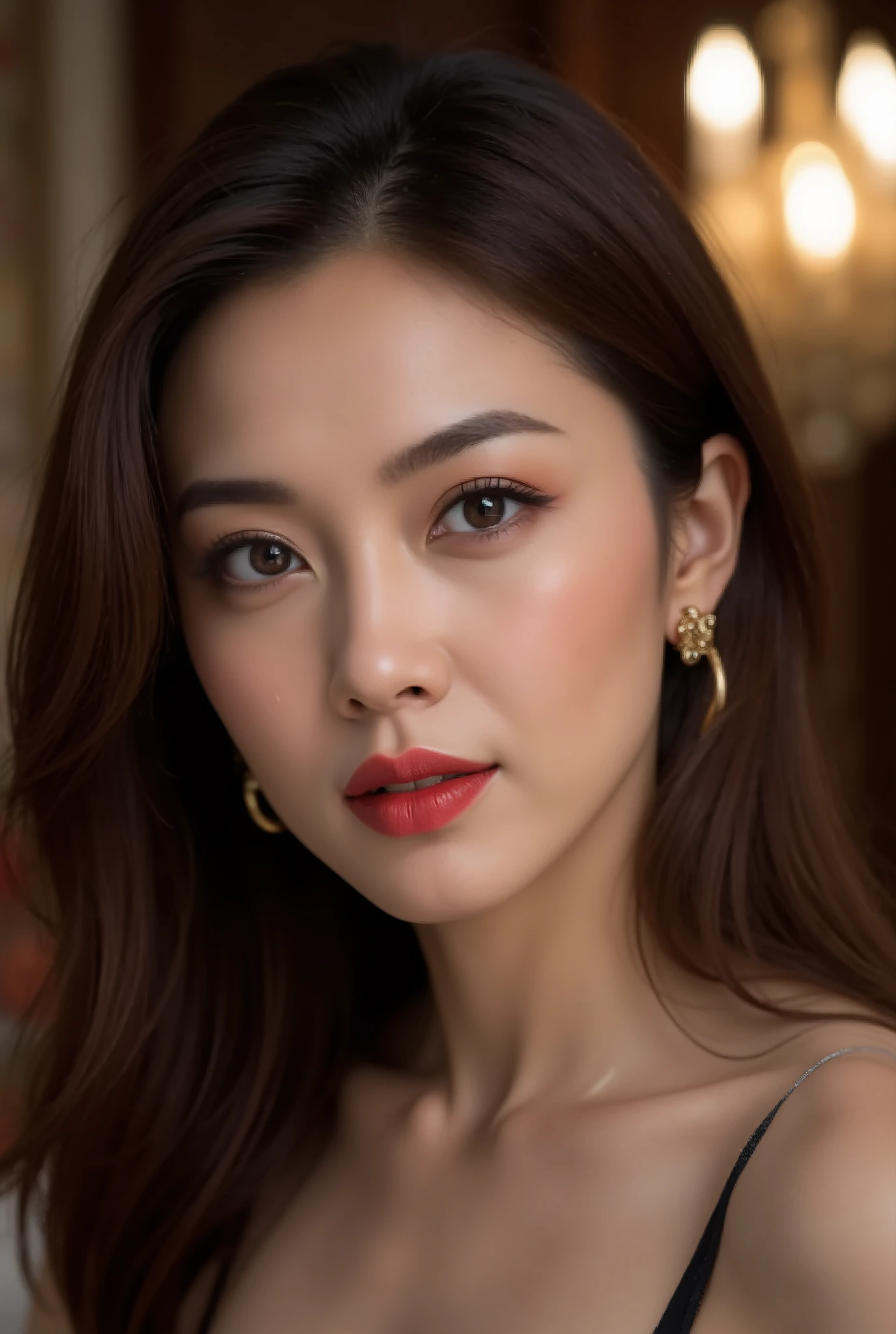 Chinese Woman,  40 years old ( Cat eye style that emphasizes the outer corner of the eye : 1.5), 
 flashy makeup,  Sophisticated adult beauty ,  DARK EYELINER  (1.5),  Slim and elegant body  (1.4), 
Eyes:  Gloss Add a feeling {x} Hairstyle is a gorgeous set with volume {x} dark brown and gold gradation eyeshadow,  Bright deep brown hair color , 
mouth:  bright red lipstick  (1.5), Add gloss , 
 skin texture:  Flashy and gorgeous look ,  Atmosphere with mature beauty and glamor  (1.4), 
 Wavy Hair ,  Mascara that accentuates long lashes ,  Gloss using highlights all over the face  (1.4), 
 sharp focus ,  High Details,  super high res (1.4), 
Facial Features:  Seductive and powerful look ,  Seductive and powerful expression , 
Physical characteristics:  Smooth and matte finish ,  charming pose, 
Realistic and Realistic  (1.4),  surreal (1.2), masterpiece,  top quality , 
 depth of field ,  Physically Based Rendering ,  Vivid and striking colors 。