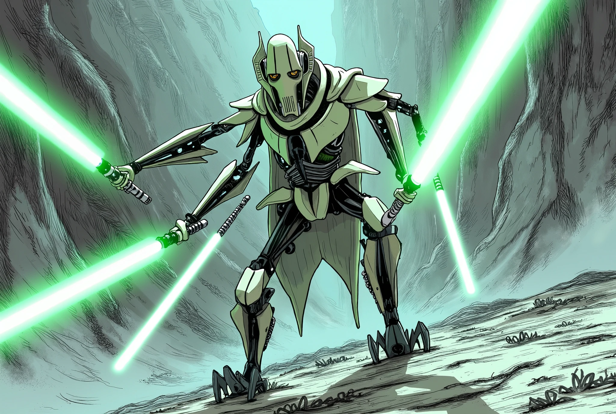 (masterpiece:1.2,EXCEPTIONAL QUALITY ,Mirror finish, Cinematic Experience, best illustration ),8k,16k,(wallpaper),( General Grievous from Star Wars ), (General Grievous 1:2.0), sharp digital painting, complex fluid , Concept work, ( Artwork:2.0, ,  Artwork:2.0, Watercolor:1.6), lightsaber,( dynamic poses in a crowded store),(4本の lightsaberを構える:2.0),,( in the background is the planet Utapau :2.0),(The background is Pow City :2.0)
