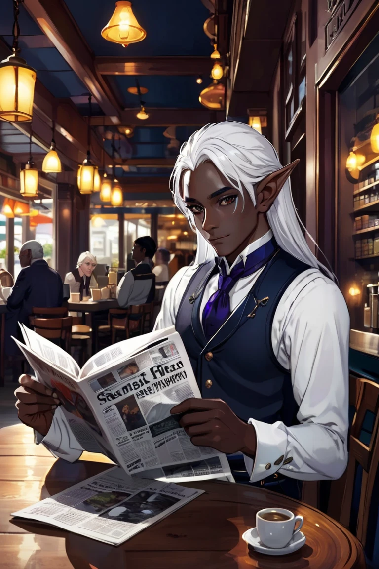 dark skinned male elf drow reading a newspaper, white hair, butler outfit, cafe, brown eyes