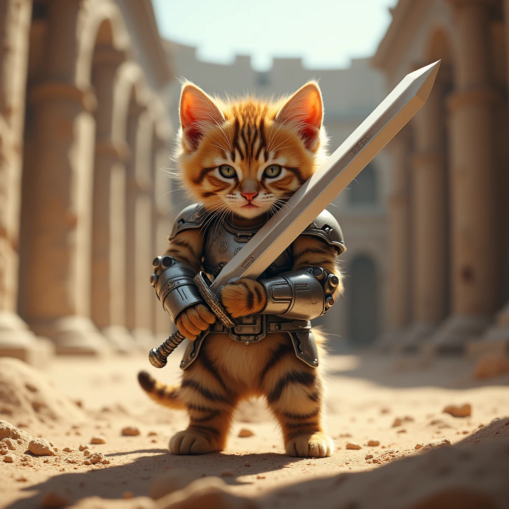  The cutest brown tiger pattern kitten in the world holding a large sword above its head and wearing armour that looks like a robot、((Realistic:1.3))、Ancient Roman Colosseum 、Cinematic lighting、Sand Dust、 Bold Composition 