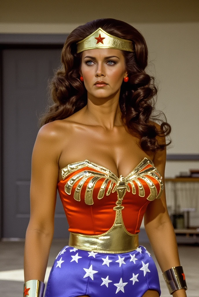 Real light ,  beautiful details shine , ((25 years old)), tall girl , Wavy long hair shape , with Wonder Woman's golden shield , ((( she ))),  very young Linda Carter ,  very big boobs ,  Brown hair , Skinny boobs , Photographic view of bright red sanpaku eyes  , Slender figure, Small waist, Wide hips, concerned expression, Expressive , front view. whole body.   wearing a shiny red spandex bodysuit zipper on the front ,  低领口充分展示了she的大胸围. Roll up your sleeves. Her round, curvy ass .  kneeling in the gym 