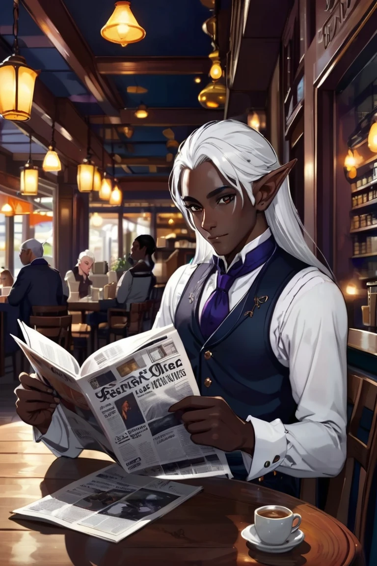 dark skinned male elf drow reading a newspaper, white hair, butler outfit, cafe, brown eyes