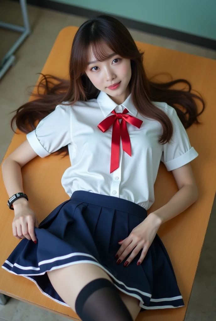 Black short hair、Medium breast、White panties with red ribbon、No shoes、Short sleeve、White Shirt、Checkered red bow tie、Checkered red skirt、Black high socks、On the bed