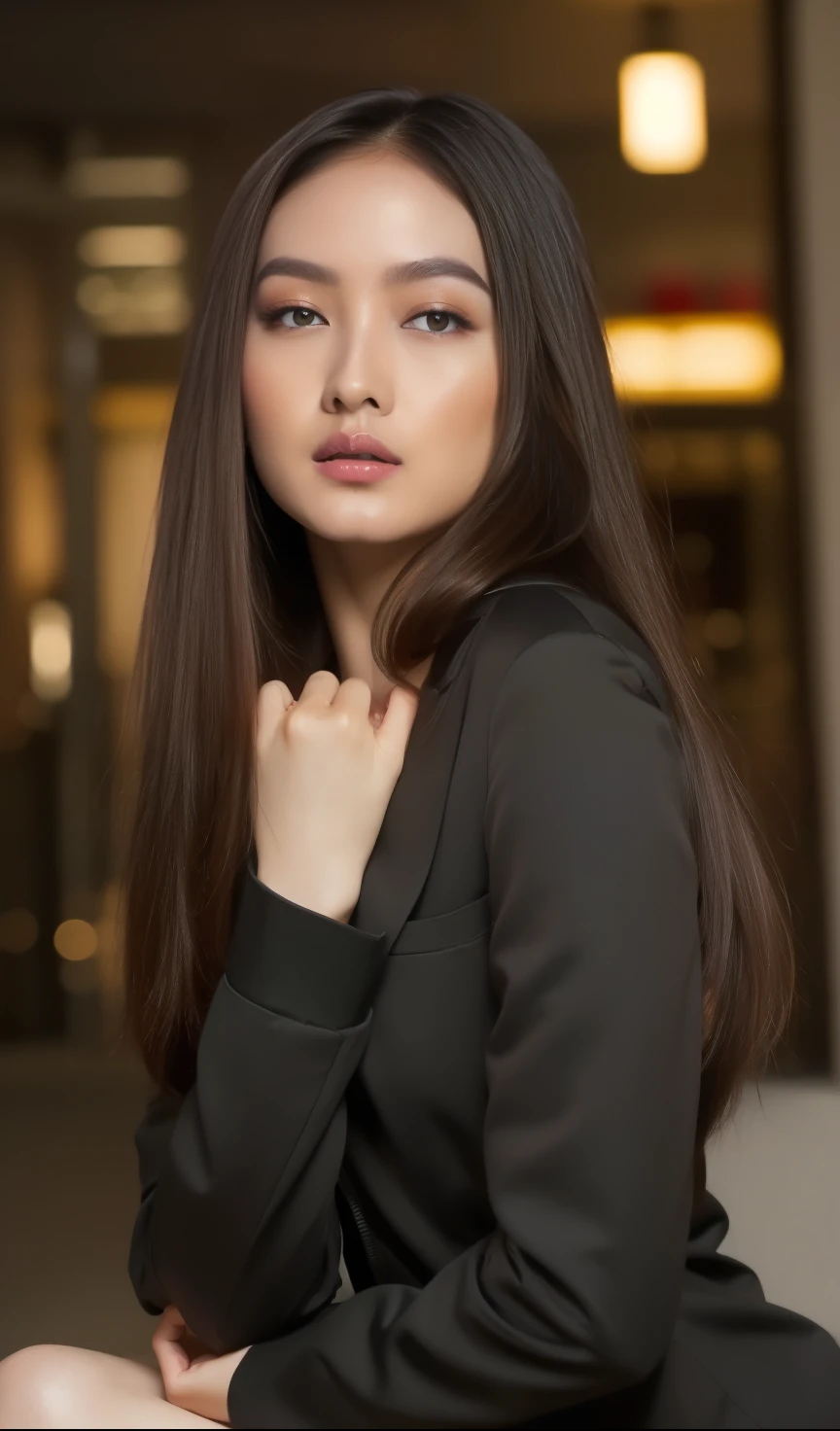 A beautiful young Indonesian girl actress with long black hair, smoothing hair straight, face beautiful, glow face, diamond face model, detailed eyes, small breasts, (((long jacket))), sexy body, slim body, slim body,  , erotic body, ((spread legs)), streching hand, streching hand, sexy hips, wide hips, (((sexy leg))), spread legs, night street background, photorealistic portrait, cinematic lighting, hyper realistic, digital art, ultra high resolution, masterpiece