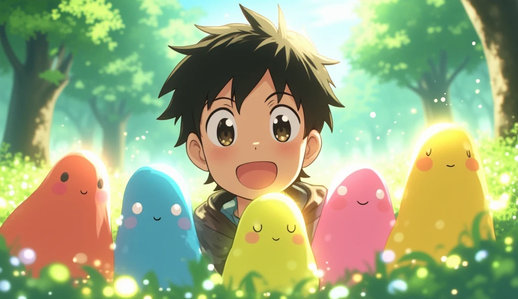 Here’s a thumbnail idea for **"Kami-tachi ni Hirowareta Otoko"**:

### **1. Focus on Ryoma (Main Character)**  
Feature Ryoma smiling or interacting with the slimes, as they are a key element in the story. Use a fun, lighthearted pose, such as him surrounded by slimes of different colors.

### **2. Whimsical Background**  
Use a magical forest or glowing field as the background, with soft and warm lighting to create a relaxing and cheerful vibe. Add sparkling particles to enhance the fantasy theme.

### **3. Slime Emphasis**  
Include cute, vibrant slimes in the foreground with playful expressions. This will appeal to viewers by highlighting a unique and memorable aspect of the anime.

### **4. Colors and Effects**  
Use bright, pastel-like colors (greens, blues, and yellows) to make the thumbnail feel lively. Add a soft glow or magical aura around Ryoma and the slimes for a fantasy touch.

### **5. No Text**  
Let the character’s expression and slimes convey the story’s tone, keeping the thumbnail simple and visually engaging without needing text.

Would you like me to generate a visual example of this?