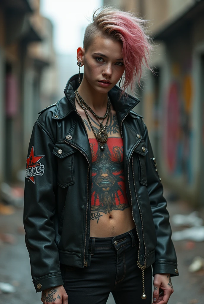 A 40 kg guy and tall like lil peep weareing pink and black shirt without this bottom showing his chest, filled with tattos of dragon in his chest, Samid in cursive in his neck and broken heart tatto in below his right eye long hairs with pink and bkack colour like lil peep and bkack poloushed nails with 2 diamond ring black pant with red and black shoes standing near his benz truck of red colour his hair is long it covered his eyes