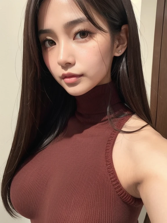 solo、美しいLarge Breasts、Light brown eyes, Light black hair、Straight Long Hair、Hime cut、Beautiful Girl、Tanned dark skin、Beautiful thick pink large lips、Mole under right lip、Large Breasts、Red knitted sleeveless turtleneck、close-up of face、Lots of sweat、See who&#39;s watching、Upper Body、profile、Close-up、Close-up