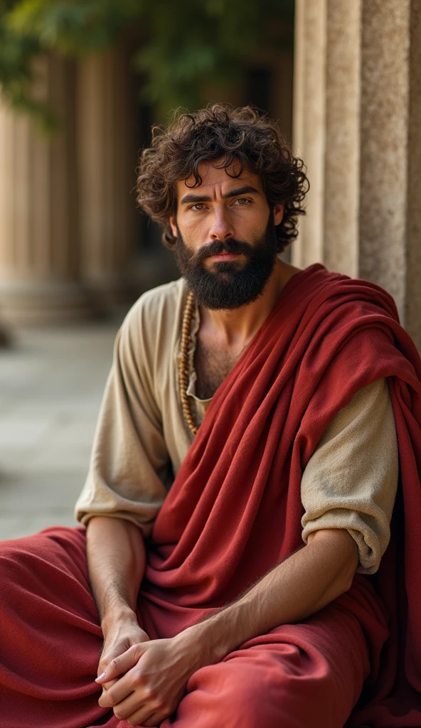 Front view,  Full body, on ground, looking at viewer ,Plato, about BC 400, looking, (man is 25-age,  handsome face, brown Curl  hair,  little bread, serious,  ancient Greek  beige Wool Wear with red wool Toga, whist fasten brown cloth ,front laurel tree , in Athena palace, noon, (photographic, super high definition , retina, masterpiece,  anatomically correct, Accurate, textured skin,  super detailed,   High Details  ,  High Quality ,  High Quality ,  high definition , 8k))
