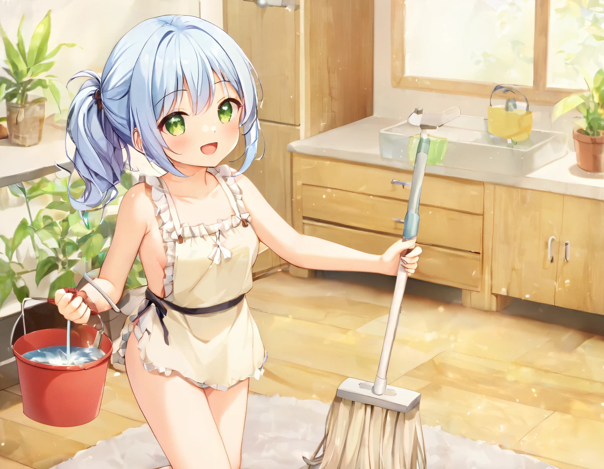 long light blue hair 、   beautiful girl with twin tail hairstyle 、Smiling while cleaning the bright living room、Holding a bucket、  green aprons 、Cleaning tools、mop、detergent