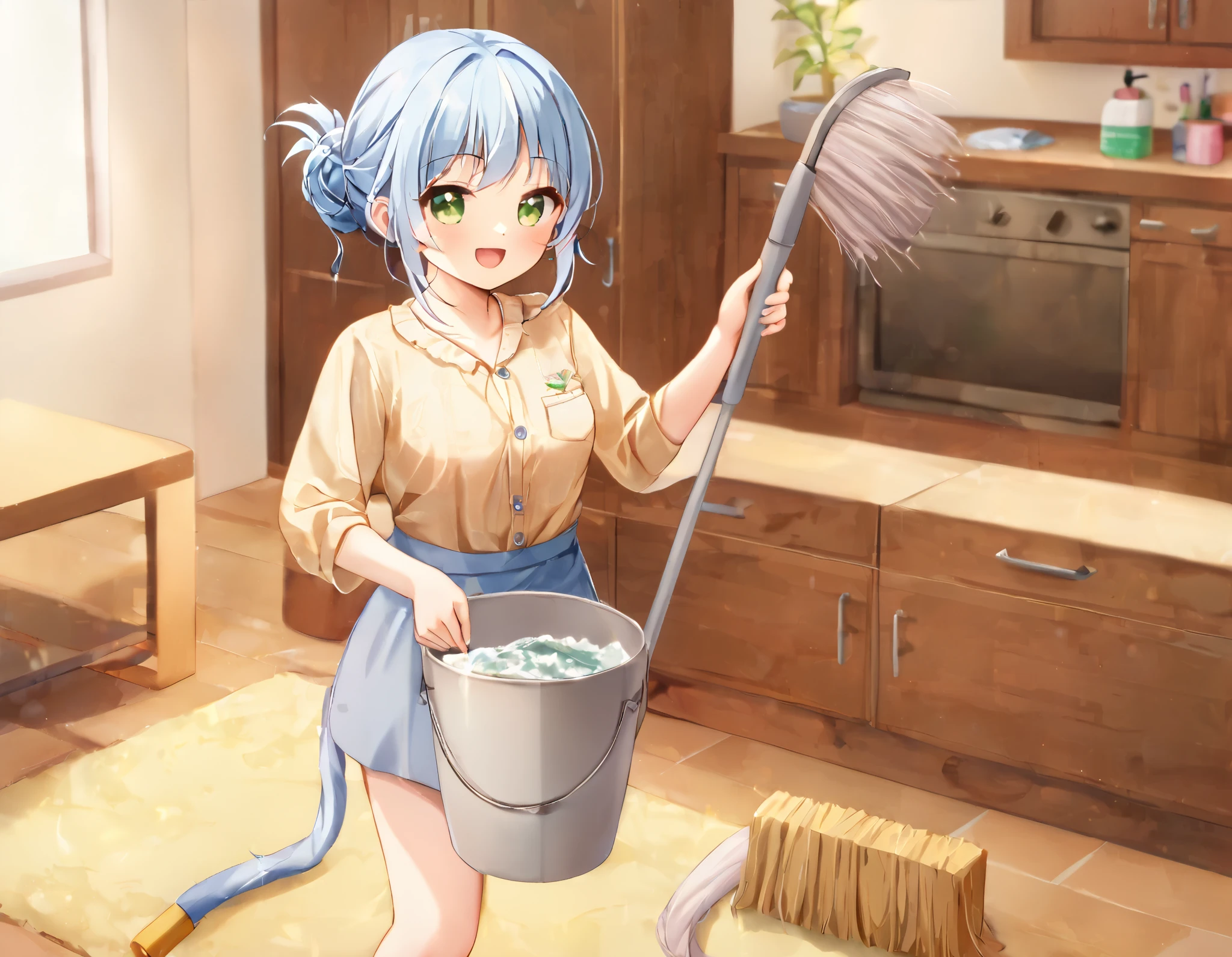 long light blue hair 、 beautiful girl with twin tail hairstyle 、Smiling while cleaning the bright living room、Holding a bucket、 green aprons 、Cleaning tools、mop、detergent