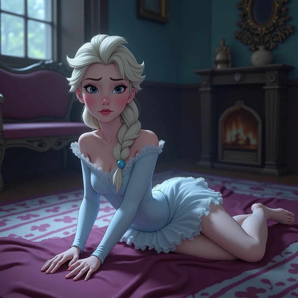 Anna of Arendelle, ((masterpiece)), (Highest quality), (4K),(Droopy eyes:1.2), ((Big eyes)),High Ponytail,On the royal bed,((Troubled face)), (((slim))),((Close-up shots capture the intricate details of her panties and bra)),((crawl on all fours)), (Small breasts),(((White underwear))),((socks))