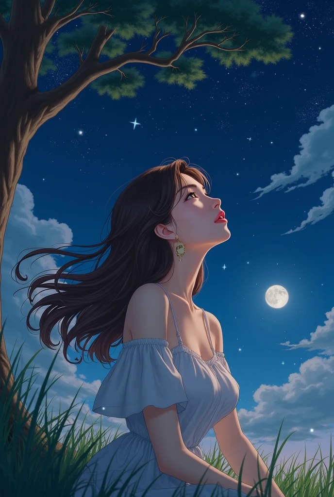 Long brown hair 、 beautiful hair flowing in the wind 、 pretty eyes and pink lips 、 beautiful and elegant face 、 earrings for women with first name、 sitting at the base of a large tree looking at the night sky 、 starry sky 、 moonlight、grassland、 manga anime style 、 high image quality、masterpiece、