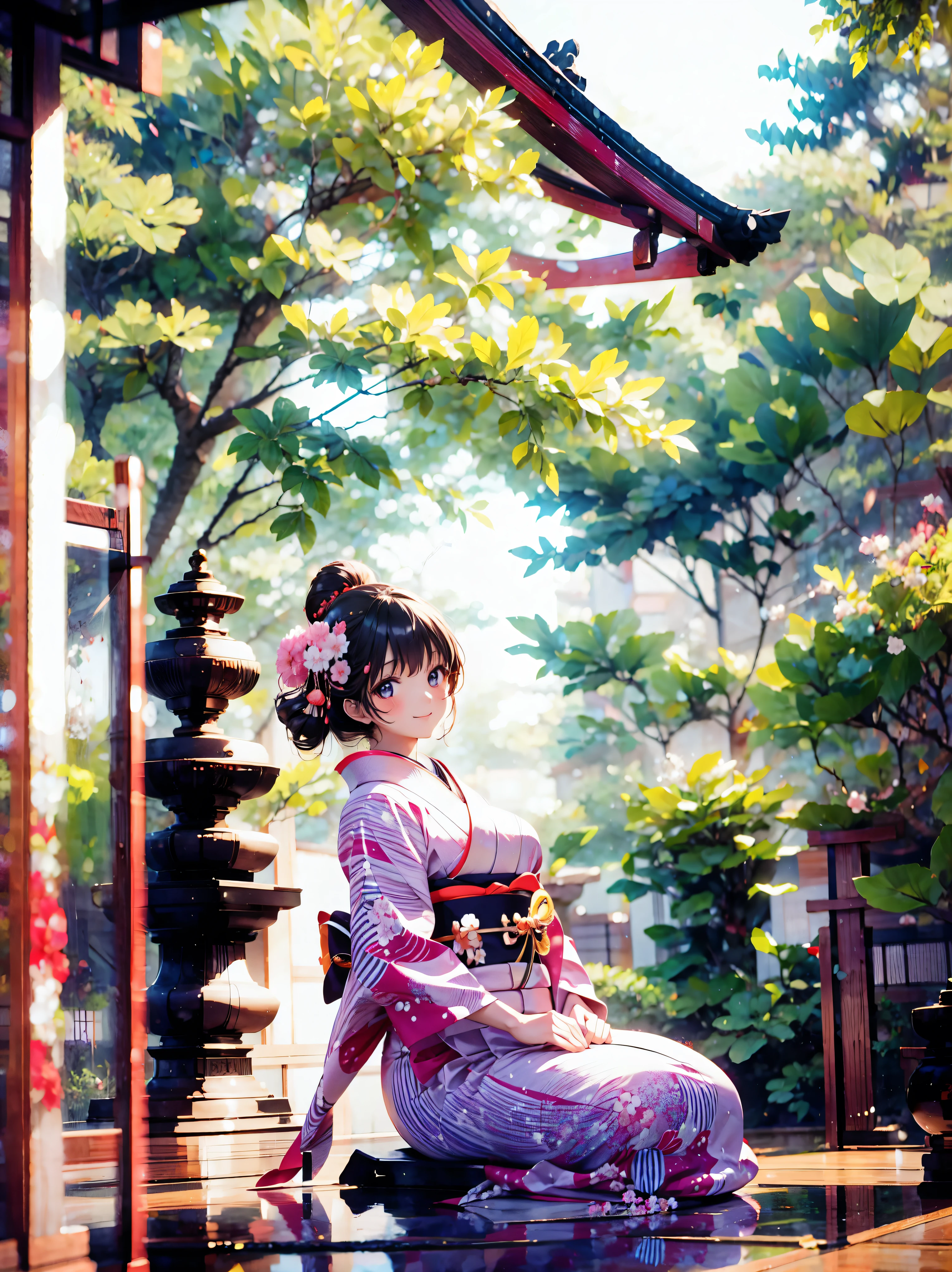  Japanese, Anime young woman,  sitting, (((seiza))), (((Happy smile))), kawaii Laughing Yan,  GORGEOUS AND BEAUTIFUL,  beautiful kimono, BEAUTIFUL SUNWEAR ,  huge breasts, front, 