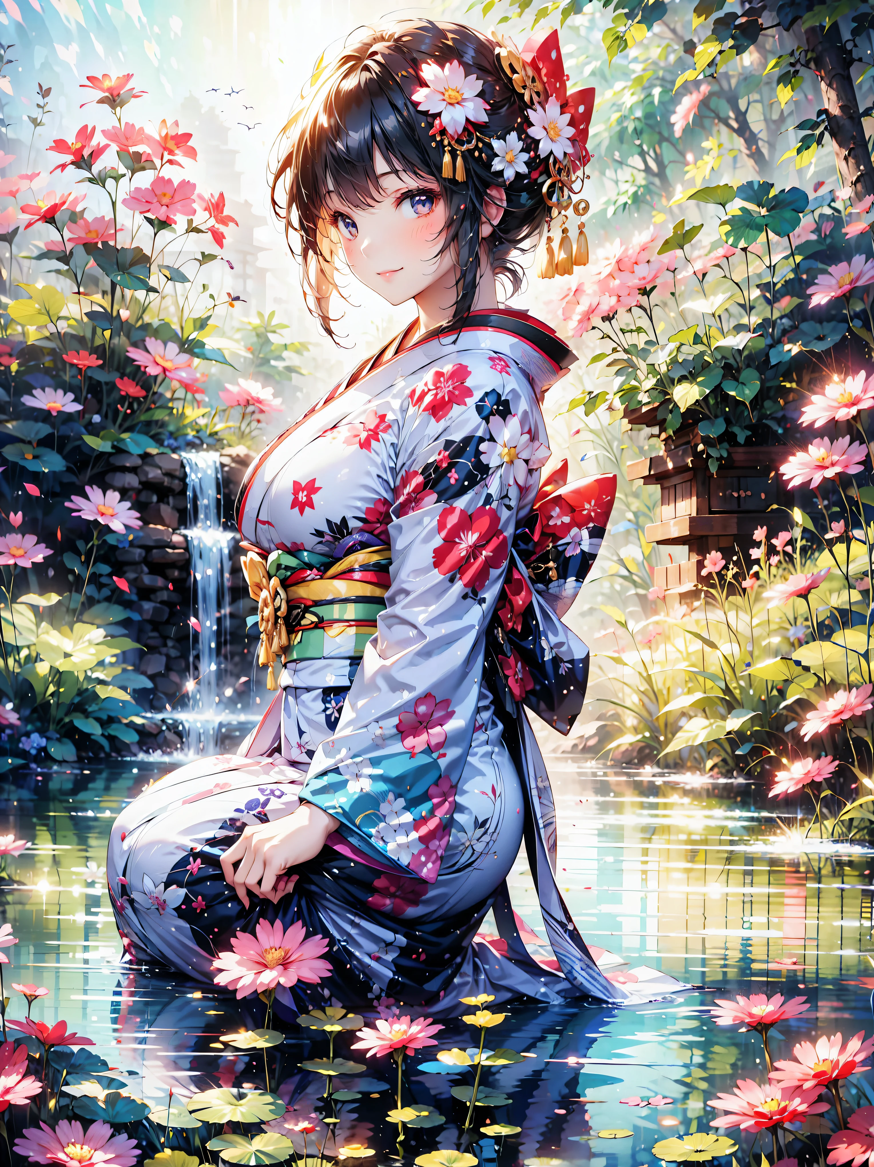  Japanese, Anime young woman,  sitting, (((seiza))), (((Happy smile))), kawaii Laughing Yan,  GORGEOUS AND BEAUTIFUL,  beautiful kimono, BEAUTIFUL SUNWEAR ,  huge breasts, front,