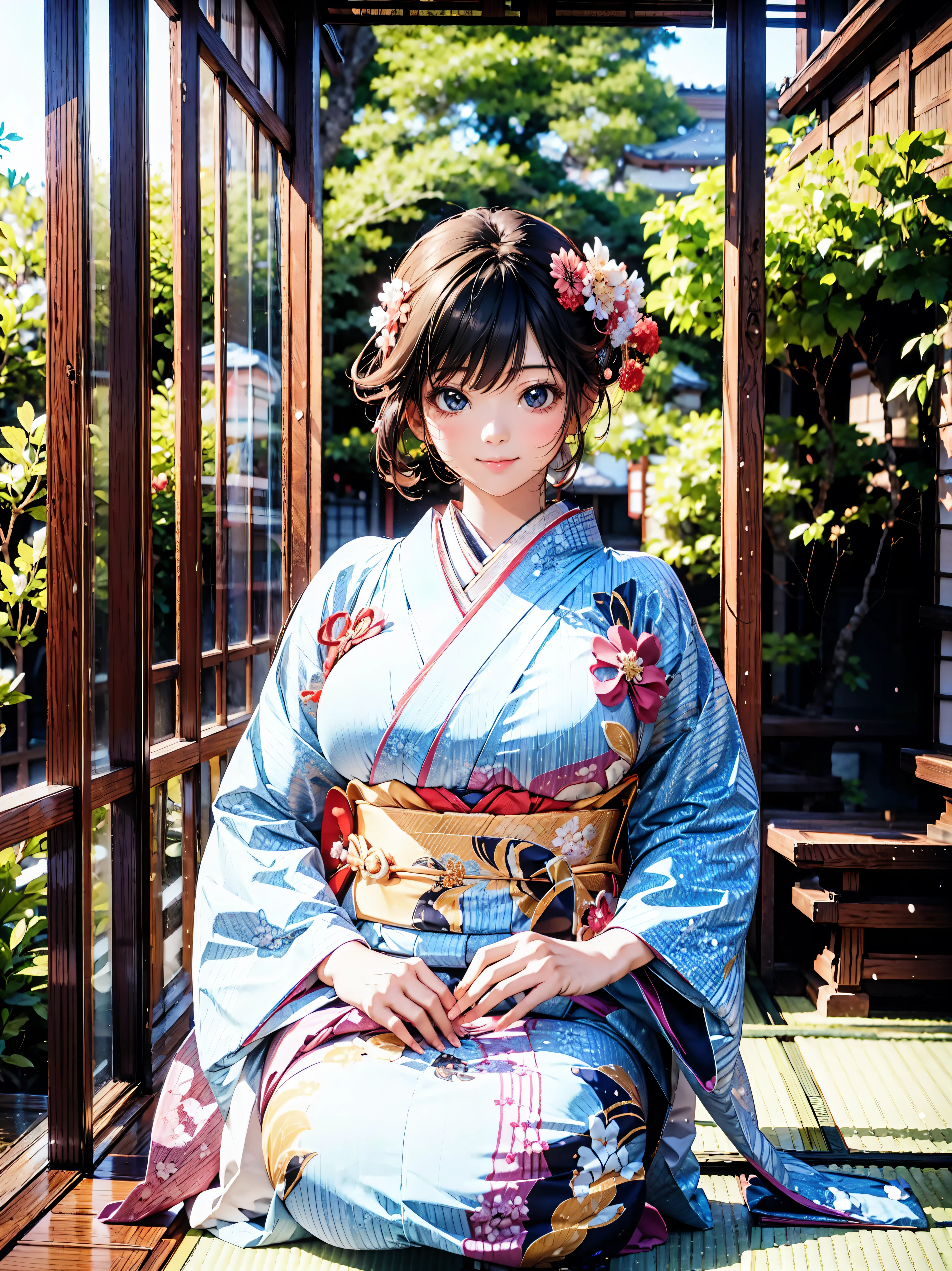  Japanese, Anime young woman,  sitting, (((seiza))), (((Happy smile))), kawaii Laughing Yan,  GORGEOUS AND BEAUTIFUL,  beautiful kimono, BEAUTIFUL SUNWEAR ,  huge breasts, front,